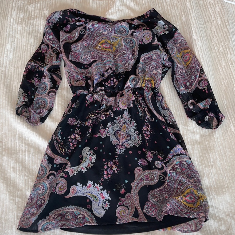 Black Paisley 3/4 in Sleeve Dress - Express